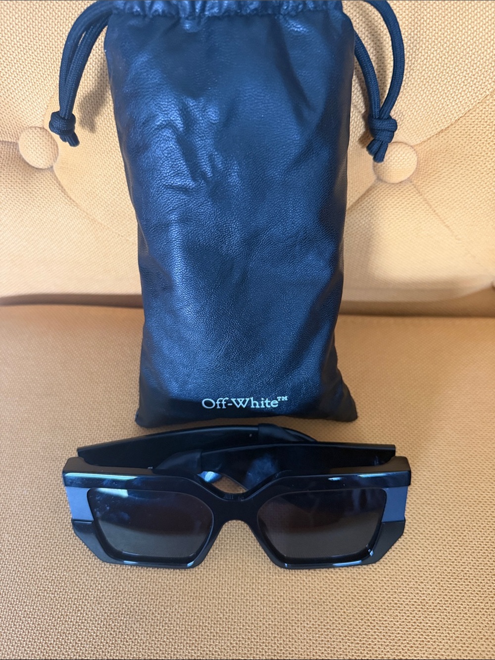 Off-White Black VR/AR Style Sunglasses with Black Drawstring Pouch